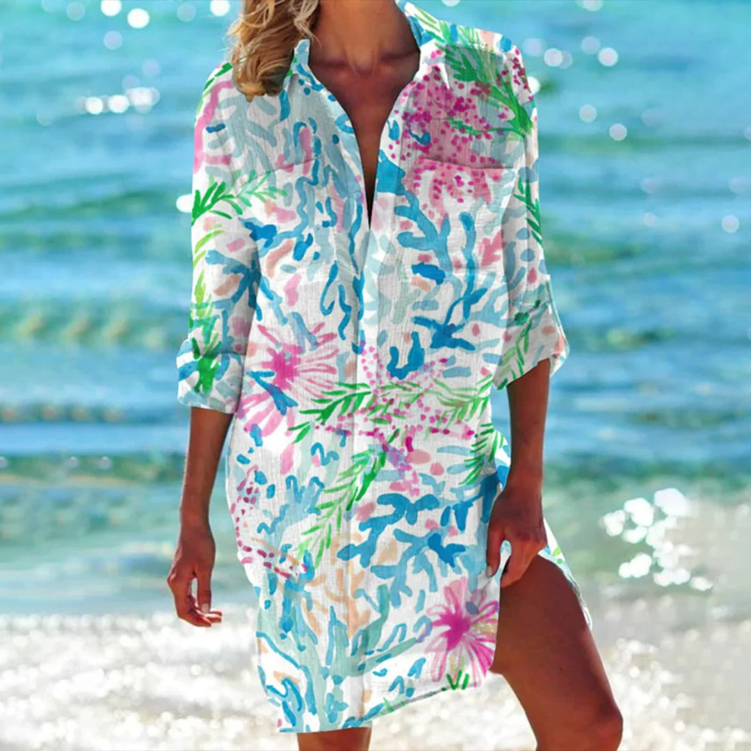 Women’s Shirt Dress Beach Cover Up with Nautical Seashell Print and 3/4 Sleeves