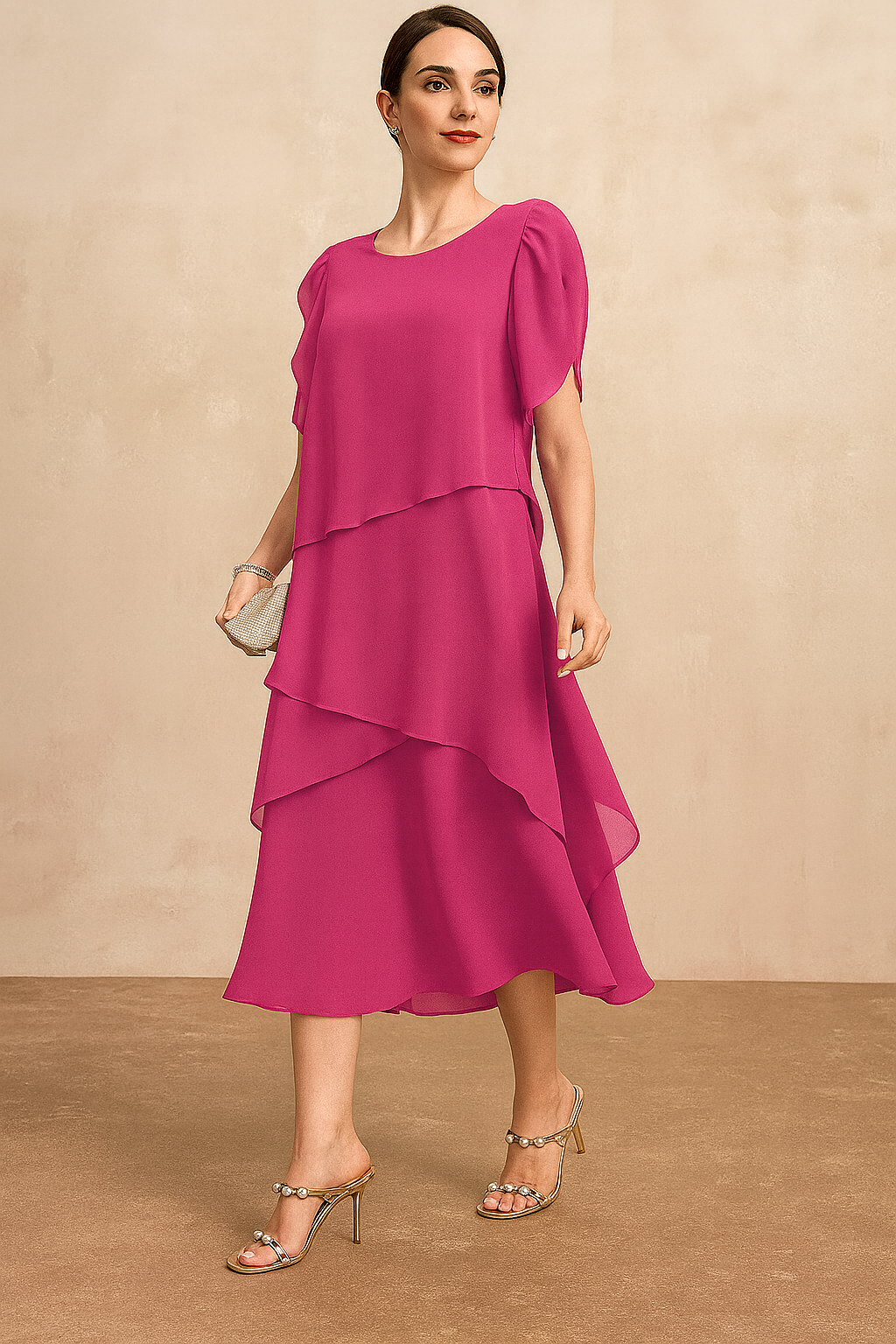Women's Tiered Chiffon Midi Dress with Flutter Sleeves and Flowing Silhouette