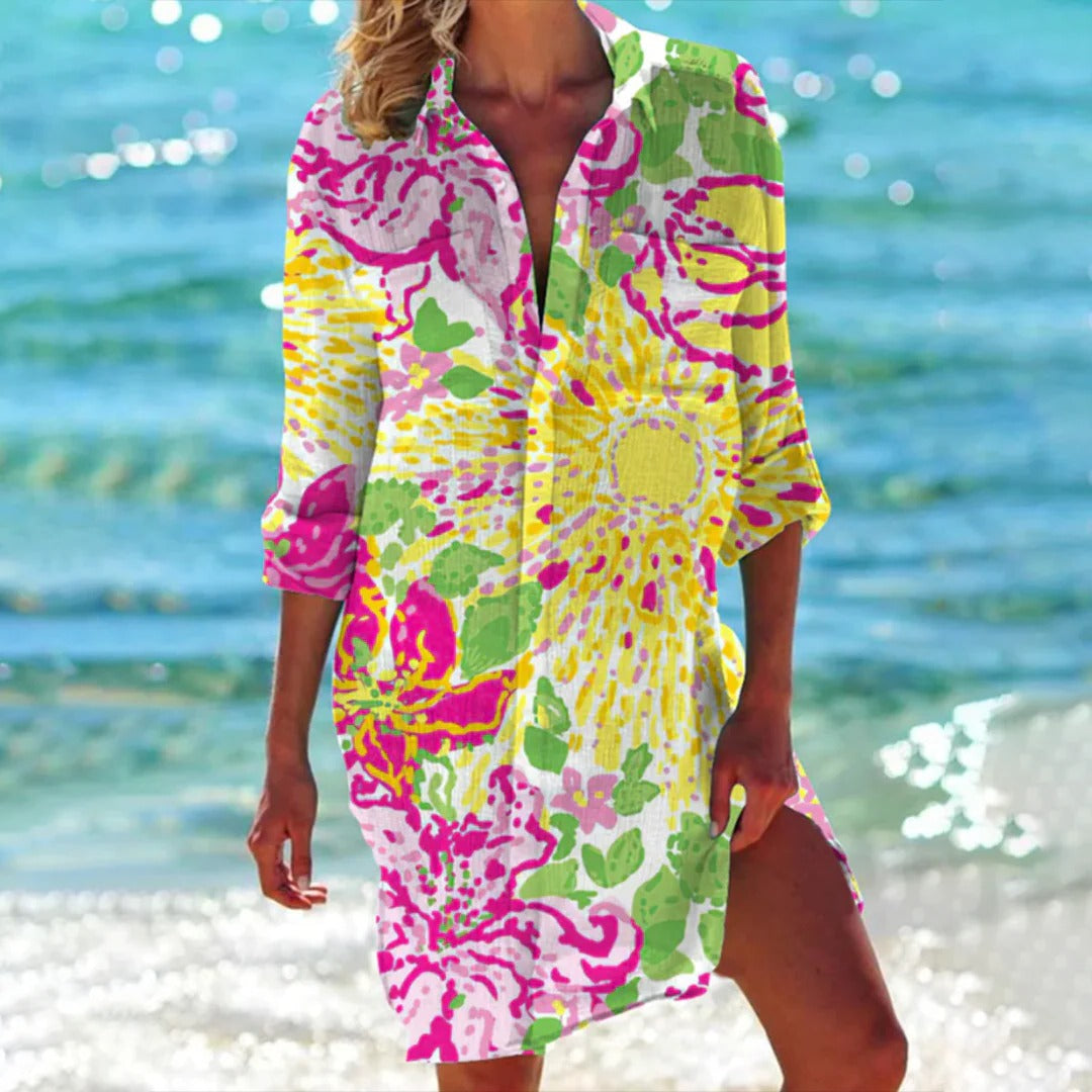 Women’s Shirt Dress Beach Cover Up with Nautical Seashell Print and 3/4 Sleeves
