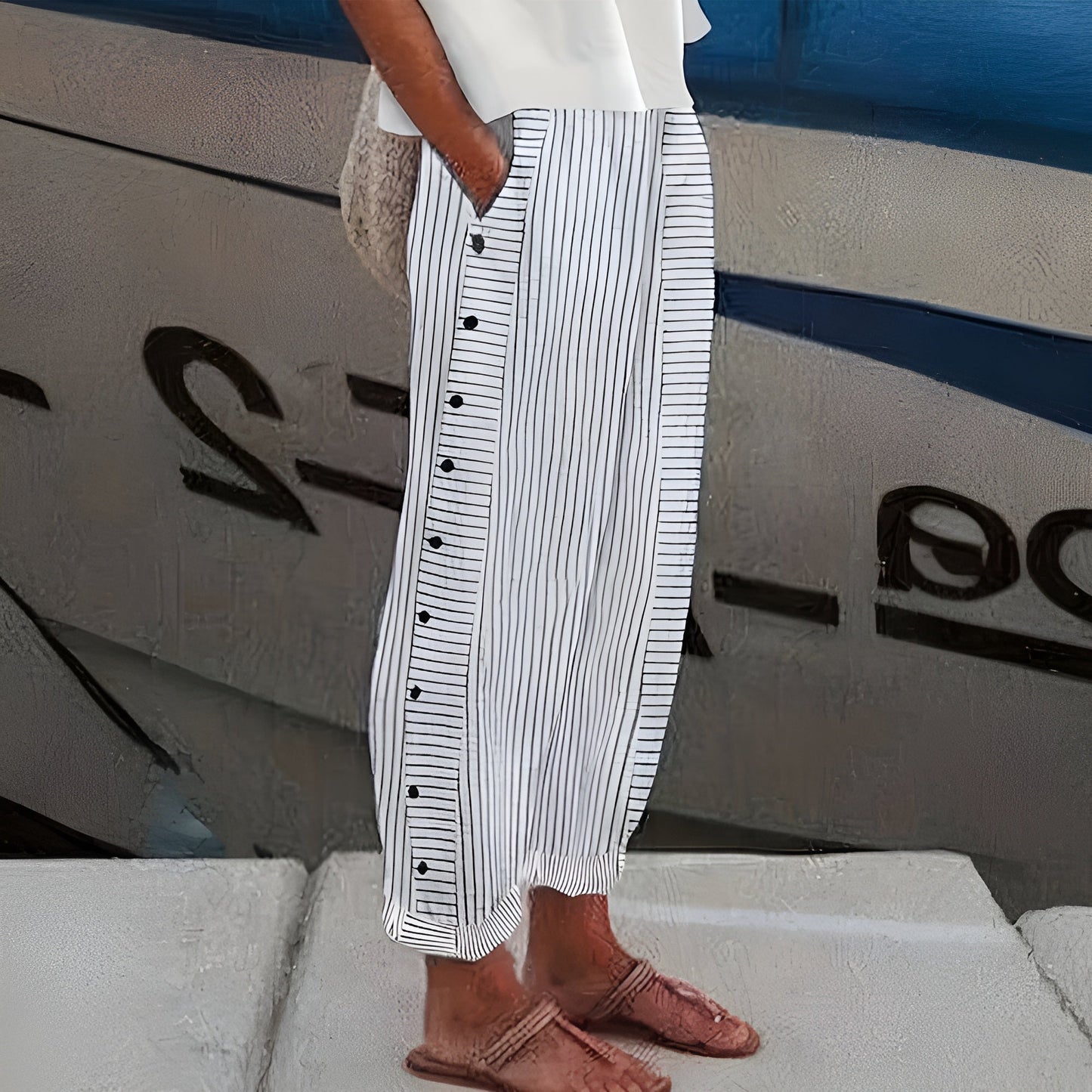 Women’s Wide Leg Pants with Side Button Detail and Striped Linen Fit