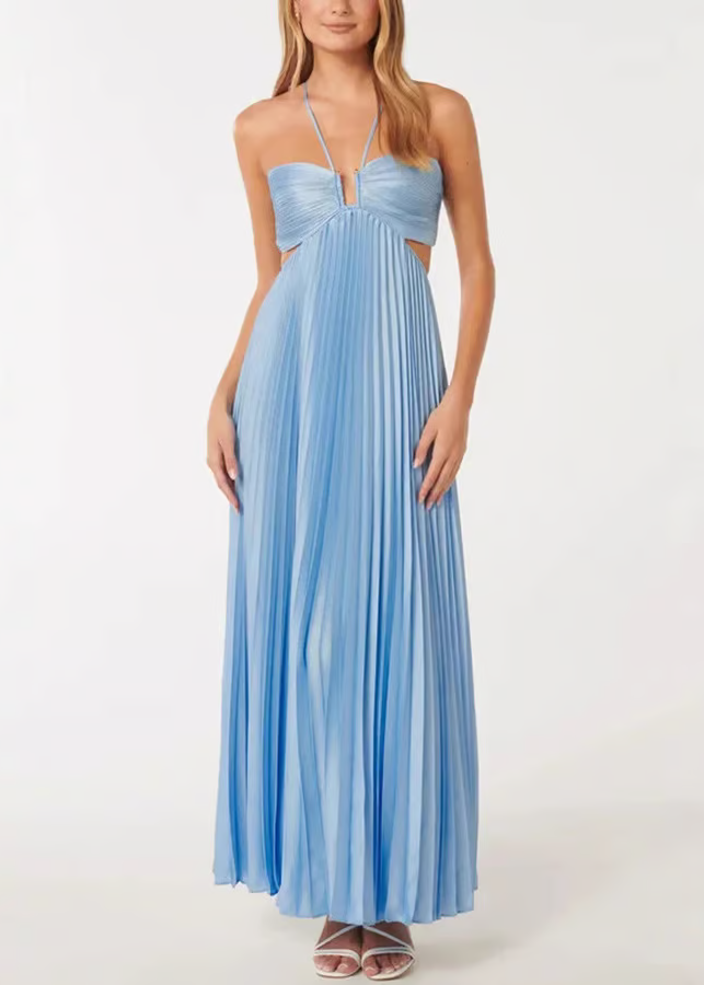 Women’s Pleated Halter Maxi Dress Cut Out Backless Wedding Guest Gown