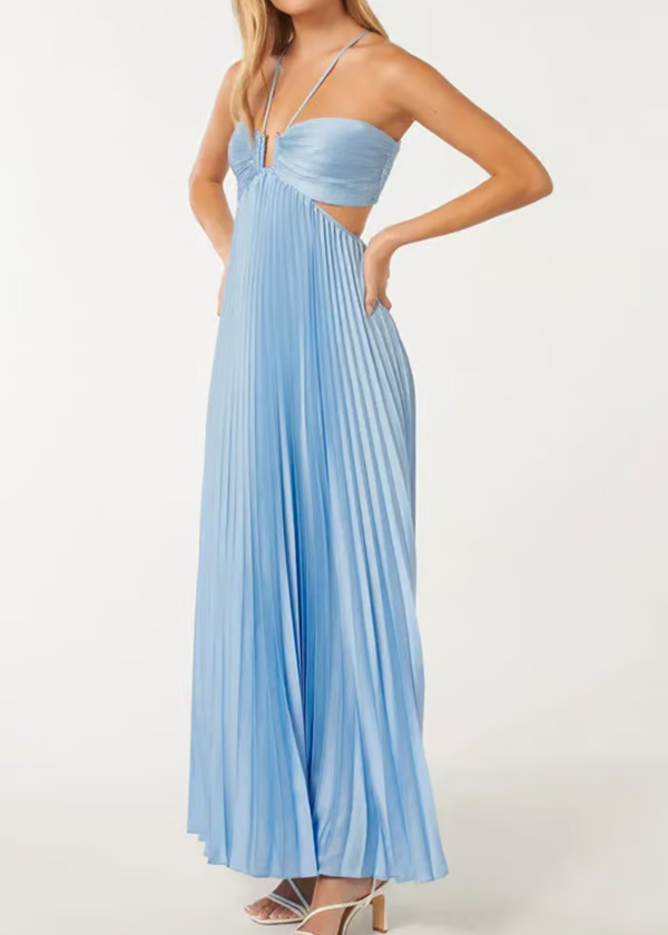 Women’s Pleated Halter Maxi Dress Cut Out Backless Wedding Guest Gown