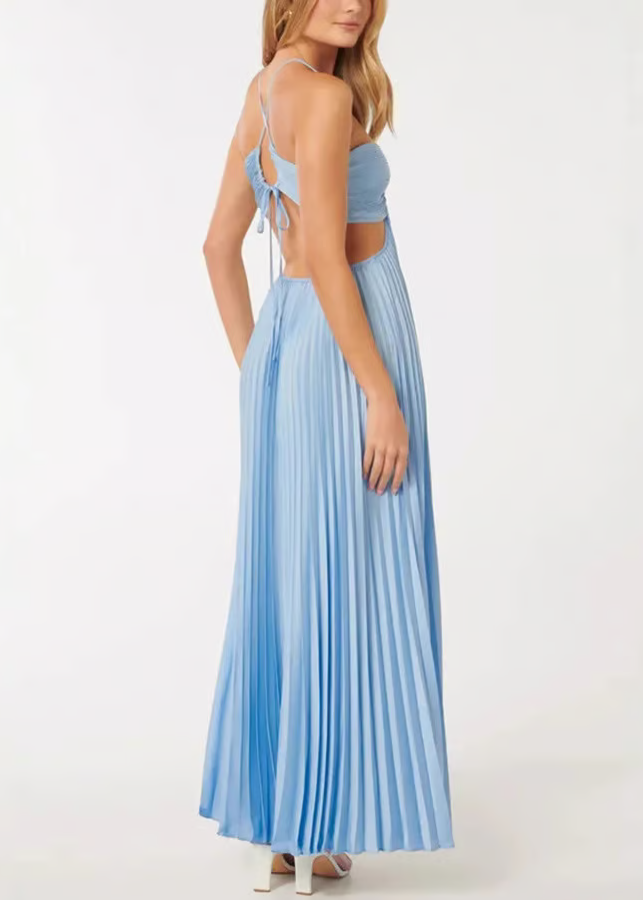 Women’s Pleated Halter Maxi Dress Cut Out Backless Wedding Guest Gown