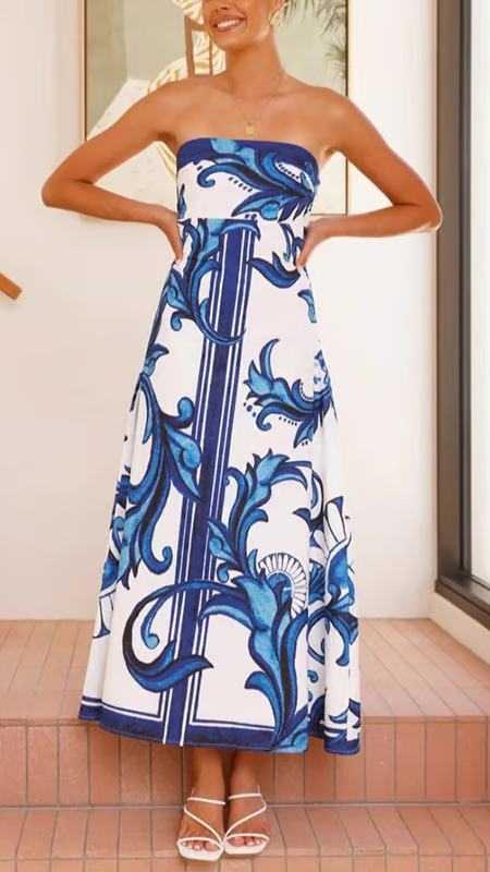 Women’s Strapless Maxi Dress Porcelain Print A-Line Wedding Guest Gown
