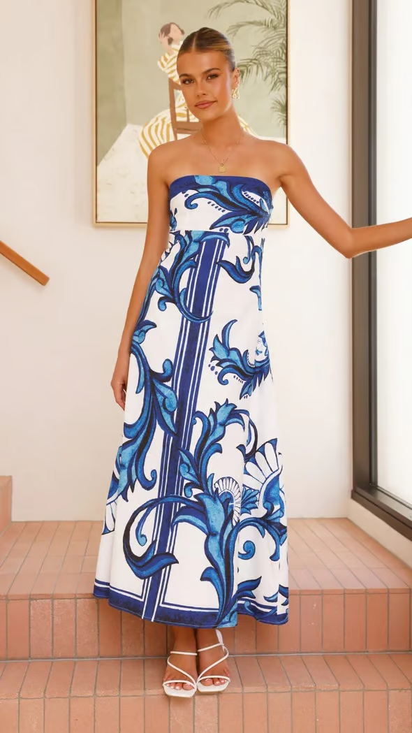 Women’s Strapless Maxi Dress Porcelain Print A-Line Wedding Guest Gown