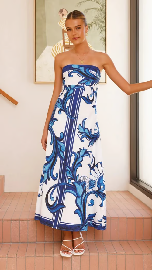 Women’s Strapless Maxi Dress Porcelain Print A-Line Wedding Guest Gown