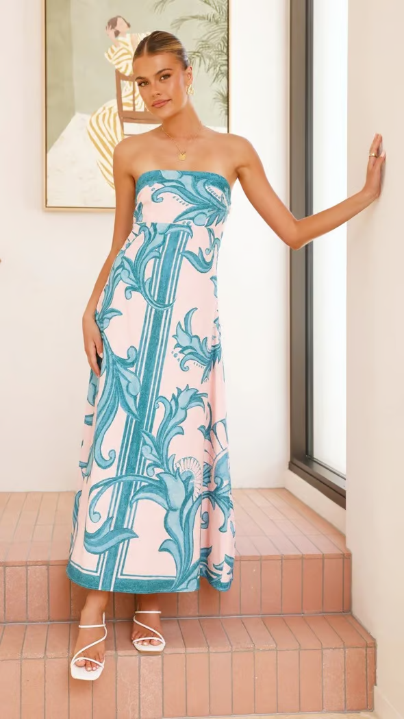 Women’s Strapless Maxi Dress Porcelain Print A-Line Wedding Guest Gown