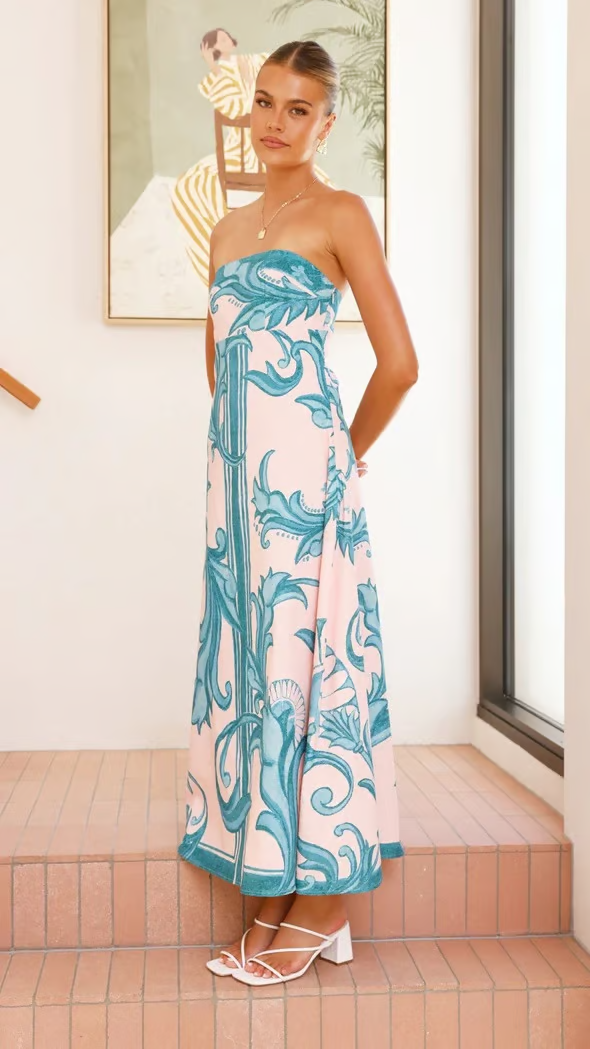 Women’s Strapless Maxi Dress Porcelain Print A-Line Wedding Guest Gown