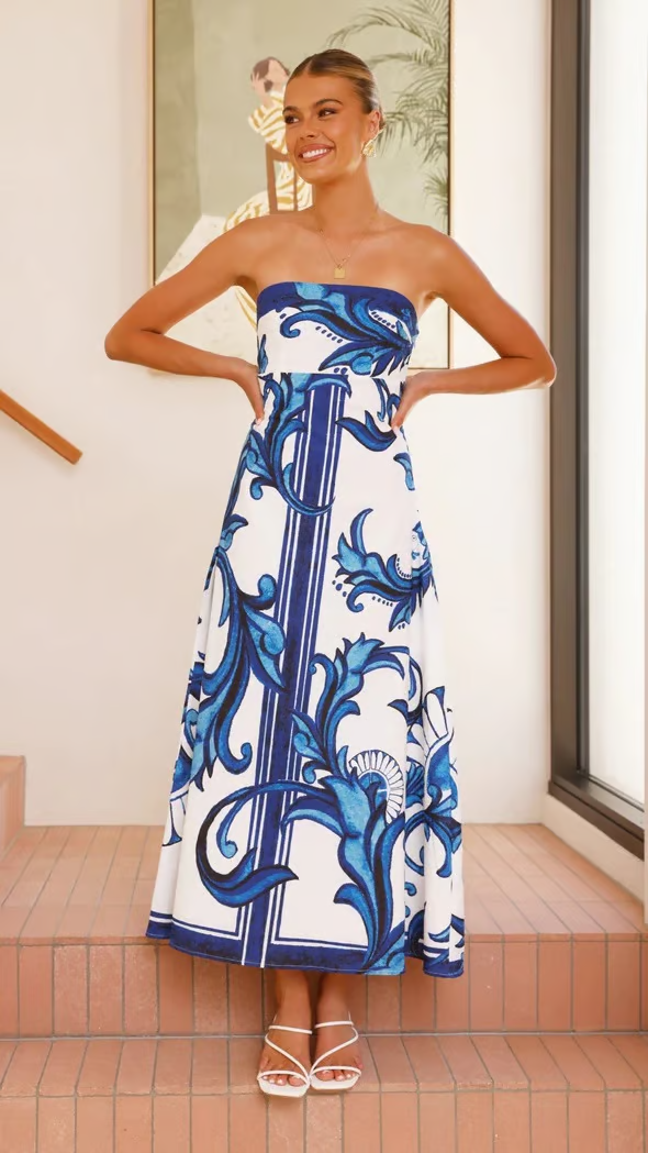 Women’s Strapless Maxi Dress Porcelain Print A-Line Wedding Guest Gown