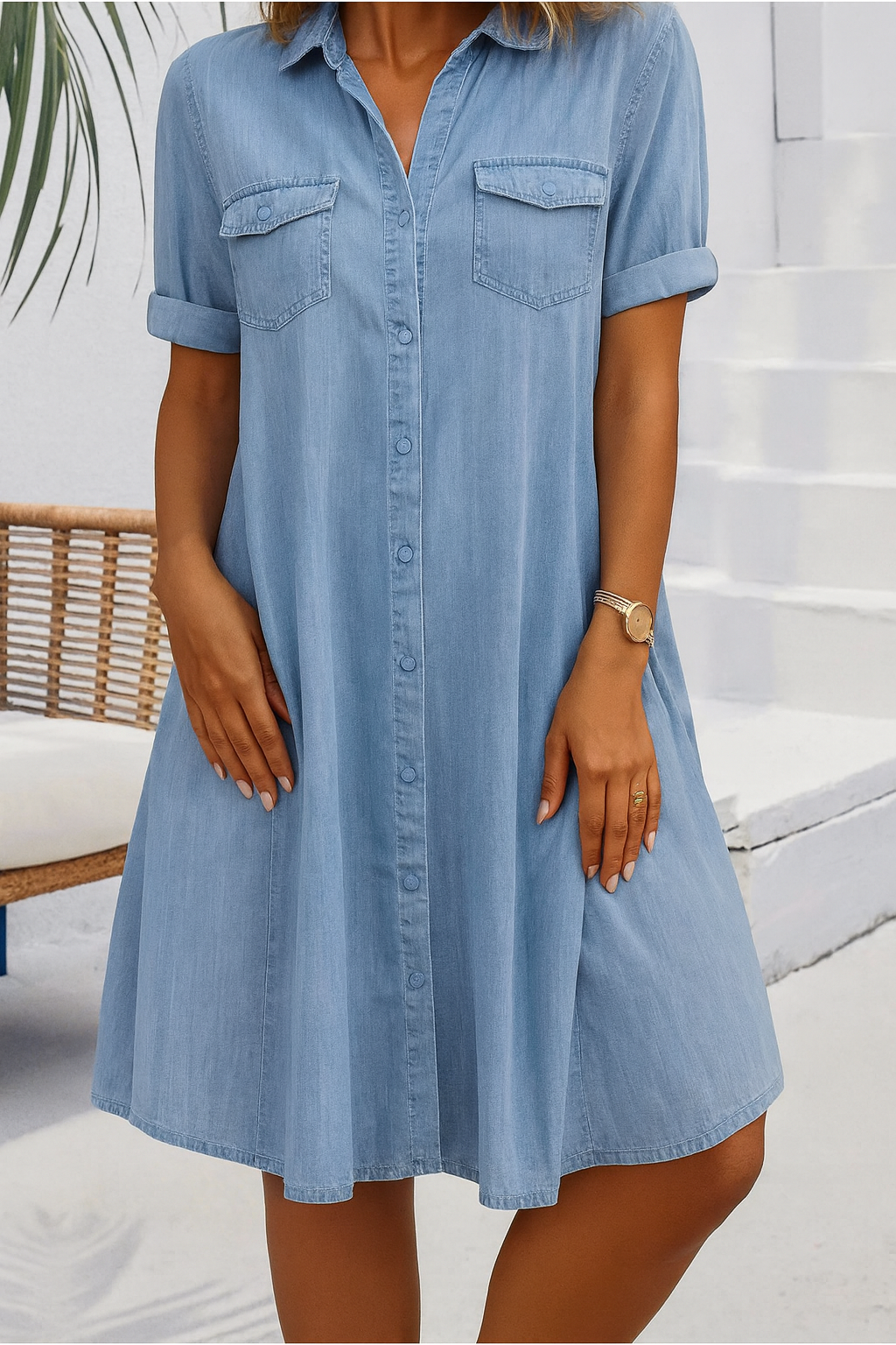 Women's Denim Shirt Dress Short Sleeve Button Down Collared Mini