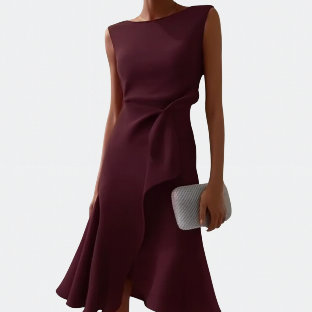 Women’s Midi Dress with Asymmetric Draped Ruffle and Sleeveless Fit
