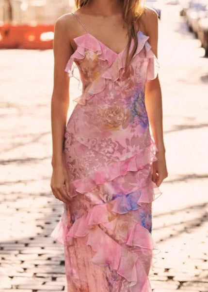 Women's Floral Maxi Dress with Cascading Ruffles and Spaghetti Straps