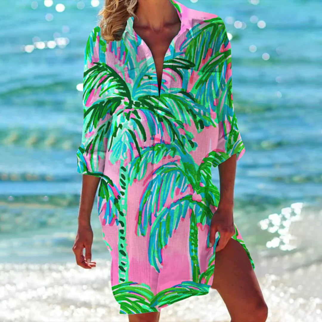 Women’s Shirt Dress Beach Cover Up with Nautical Seashell Print and 3/4 Sleeves