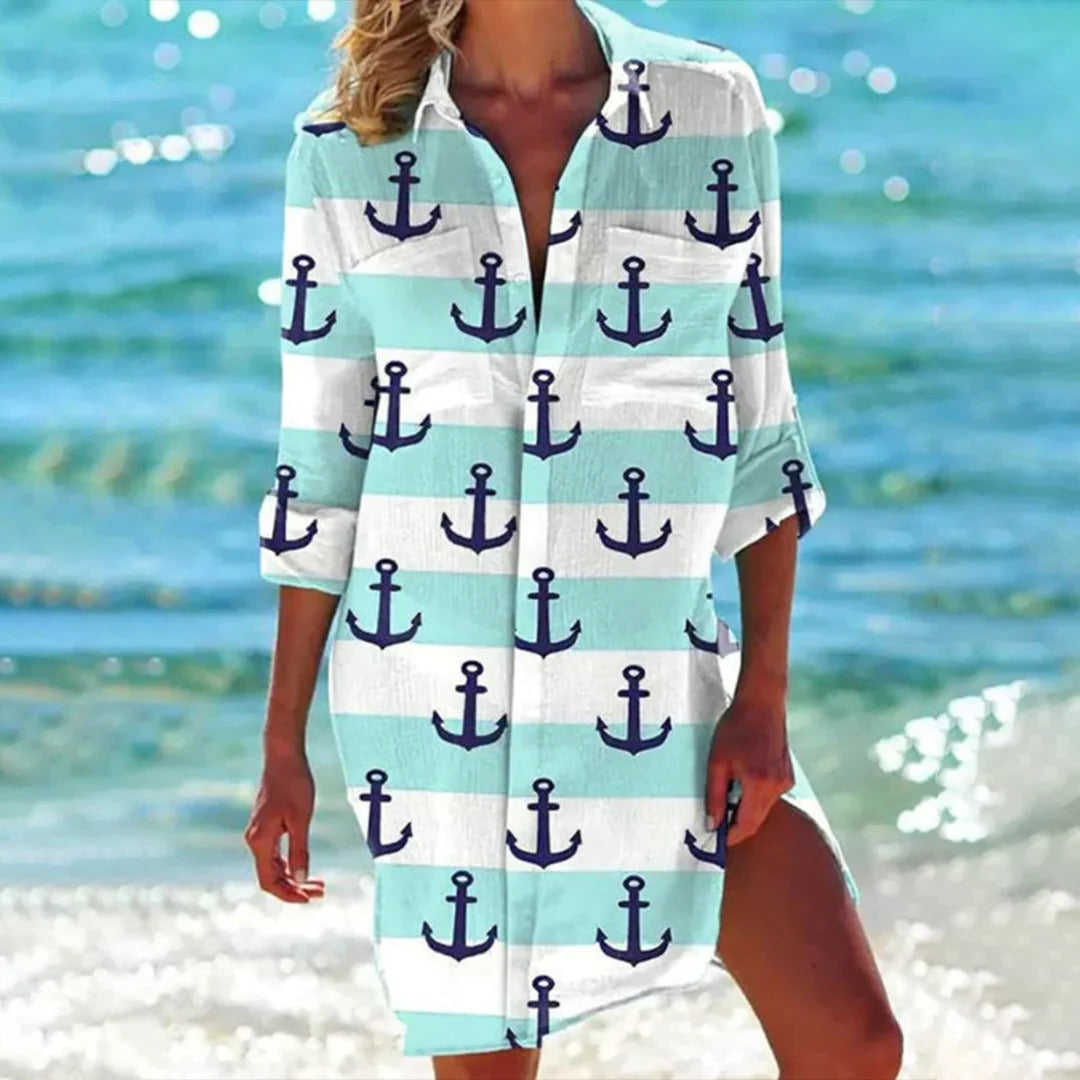 Women’s Shirt Dress Beach Cover Up with Nautical Seashell Print and 3/4 Sleeves
