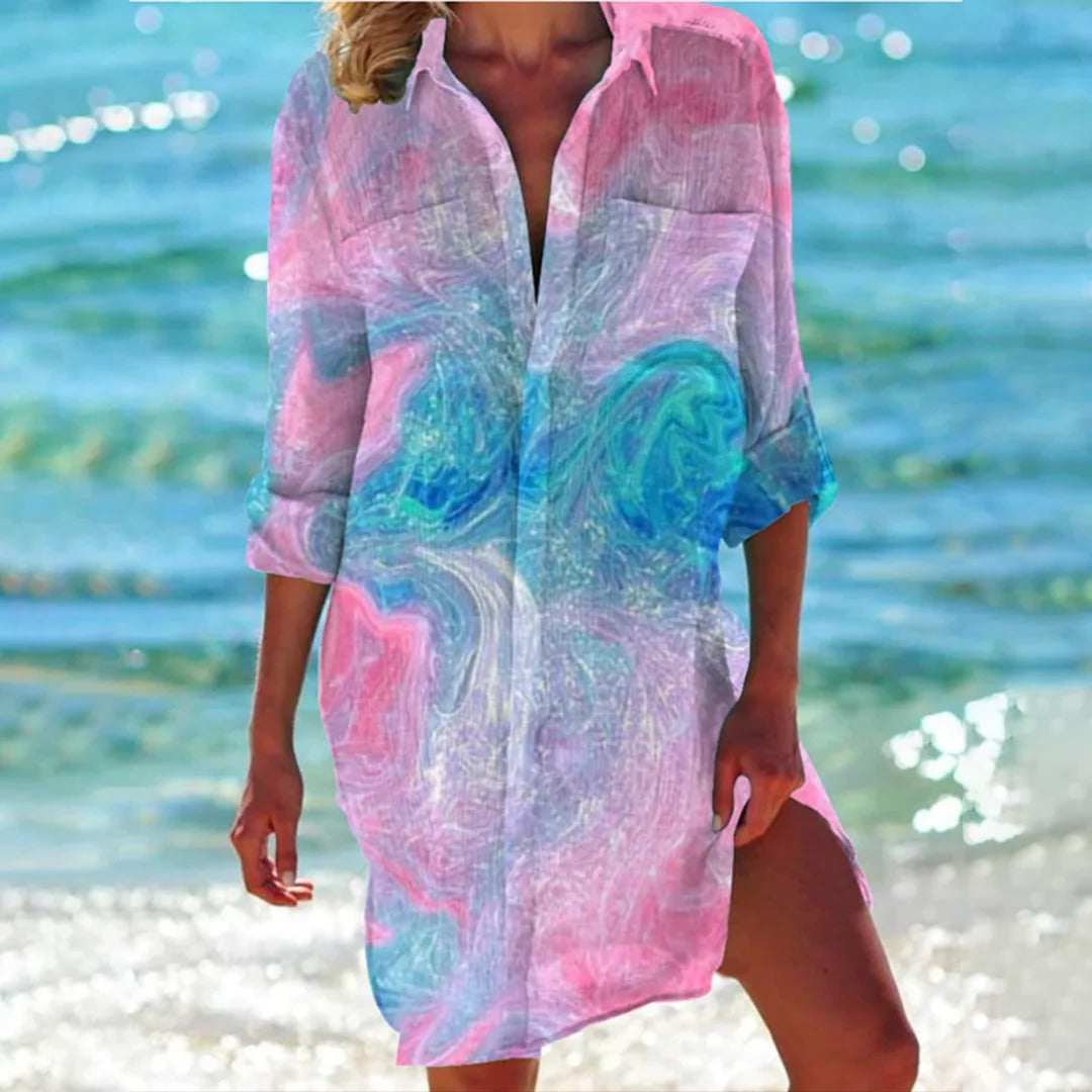 Women’s Shirt Dress Beach Cover Up with Nautical Seashell Print and 3/4 Sleeves