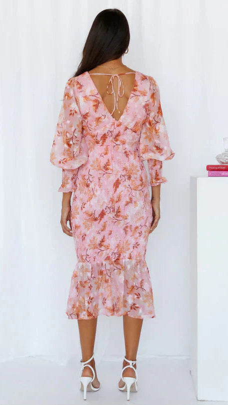 Women’s Floral Midi Dress with Smocked Body and Sheer Long Balloon Sleeves