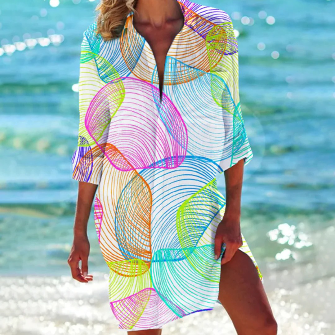 Women’s Shirt Dress Beach Cover Up with Nautical Seashell Print and 3/4 Sleeves