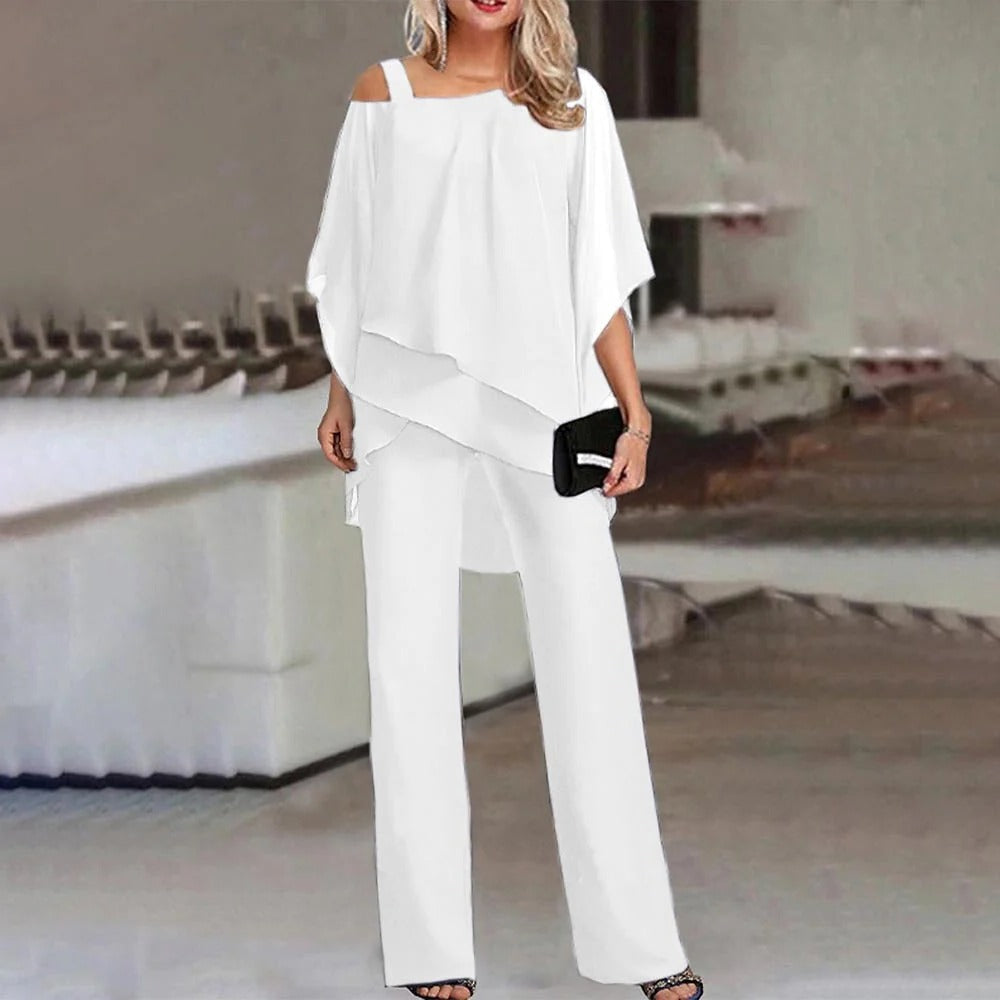 Women’s Wide Leg Jumpsuit with Cold Shoulder and Chiffon Overlay