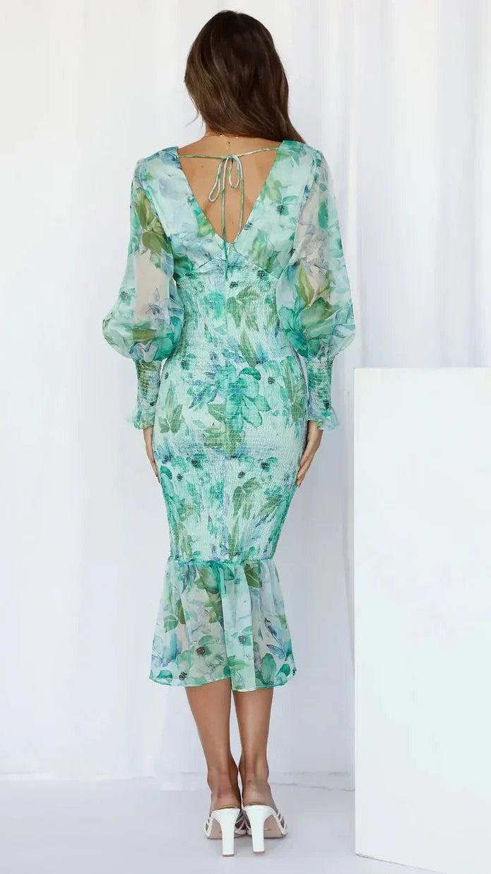 Women’s Floral Midi Dress with Smocked Body and Sheer Long Balloon Sleeves