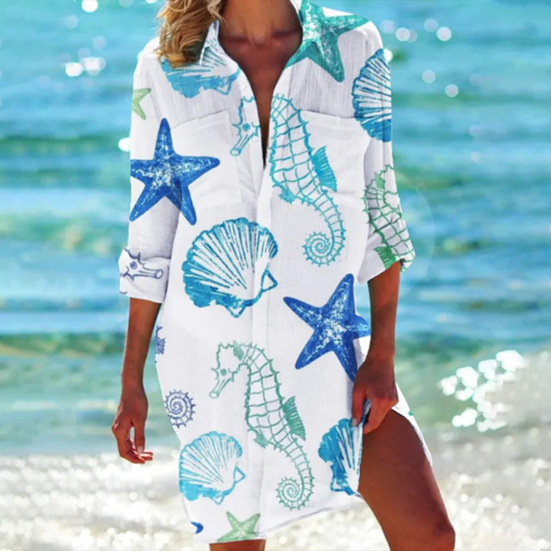 Women’s Shirt Dress Beach Cover Up with Nautical Seashell Print and 3/4 Sleeves