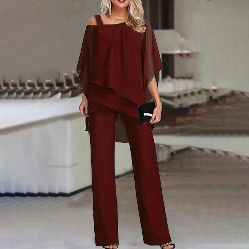 Women’s Wide Leg Jumpsuit with Cold Shoulder and Chiffon Overlay