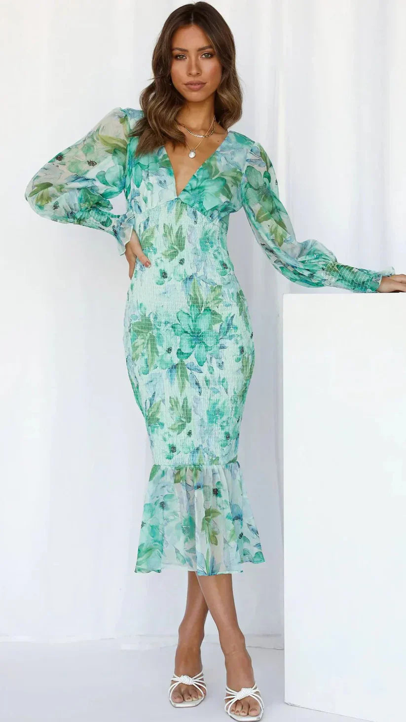 Women’s Floral Midi Dress with Smocked Body and Sheer Long Balloon Sleeves