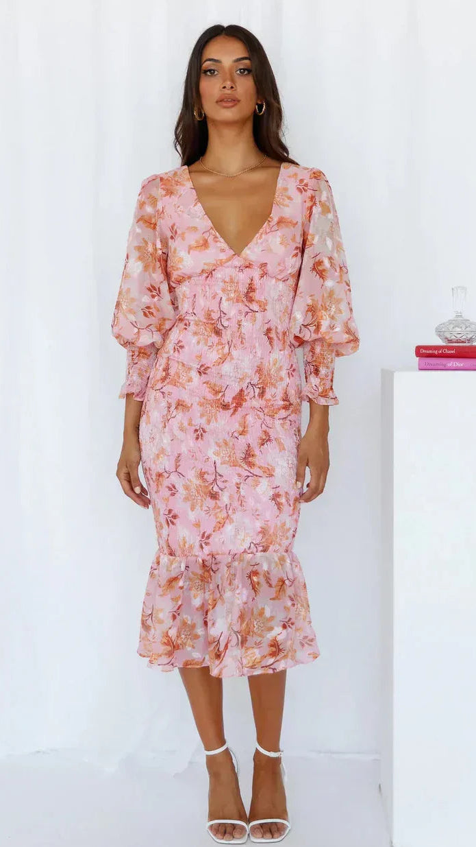 Women’s Floral Midi Dress with Smocked Body and Sheer Long Balloon Sleeves