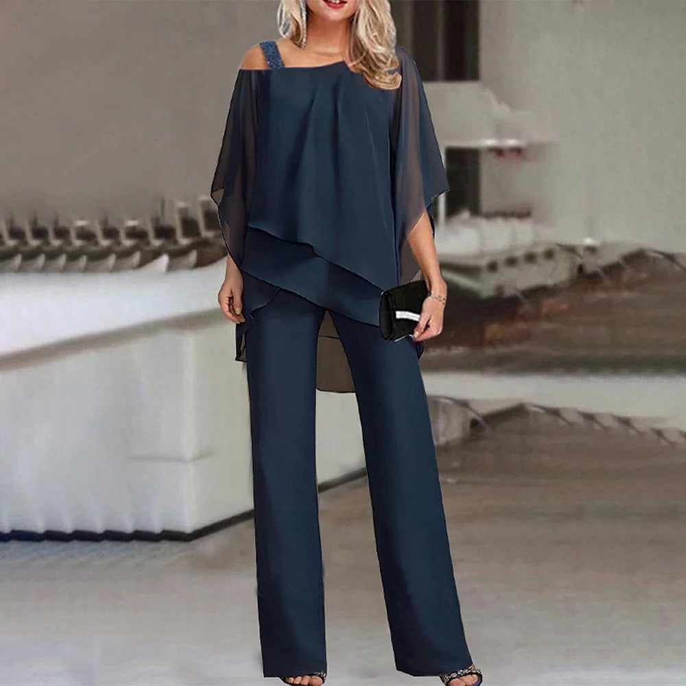 Women’s Wide Leg Jumpsuit with Cold Shoulder and Chiffon Overlay