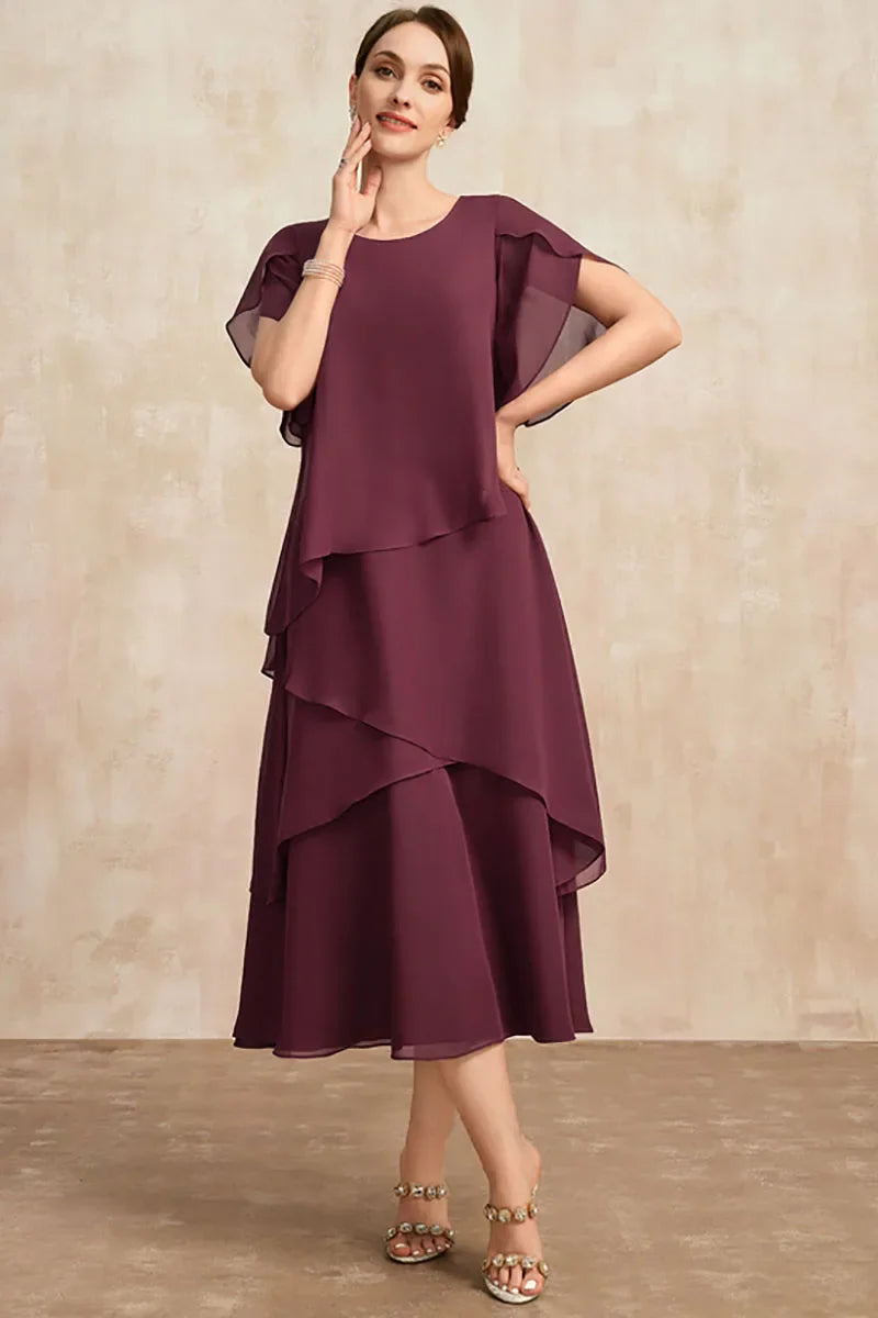 Women's Tiered Chiffon Midi Dress with Flutter Sleeves and Flowing Silhouette