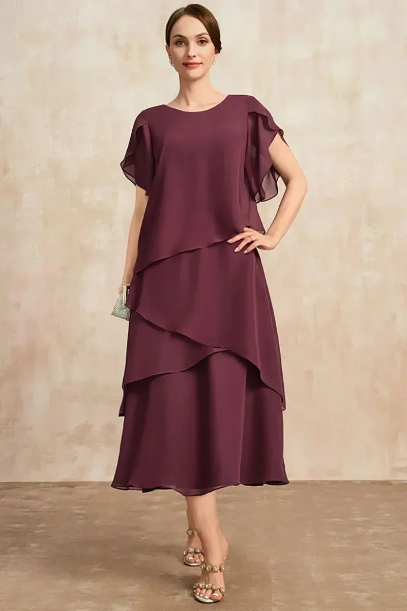 Women's Tiered Chiffon Midi Dress with Flutter Sleeves and Flowing Silhouette