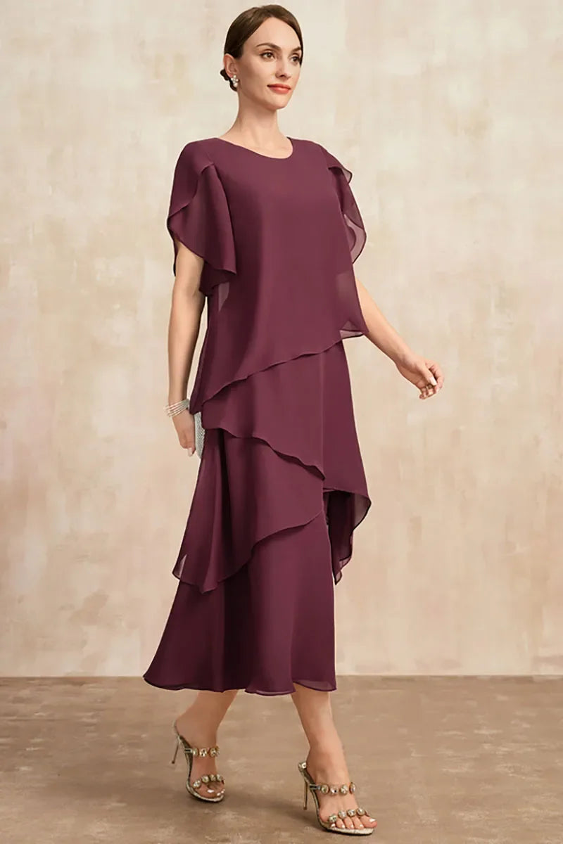Women's Tiered Chiffon Midi Dress with Flutter Sleeves and Flowing Silhouette