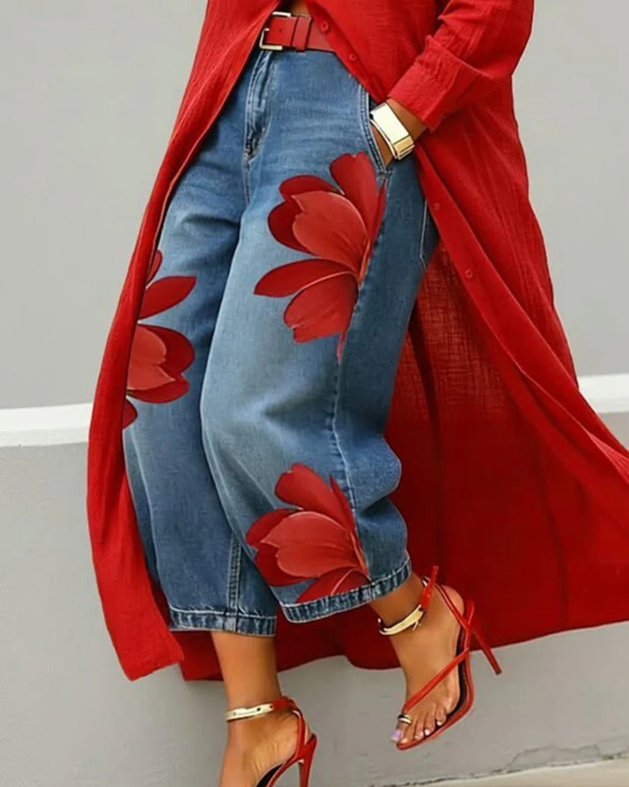 Women’s Two-Piece Set Long Sleeve Shirt Dress and Floral Denim Pants