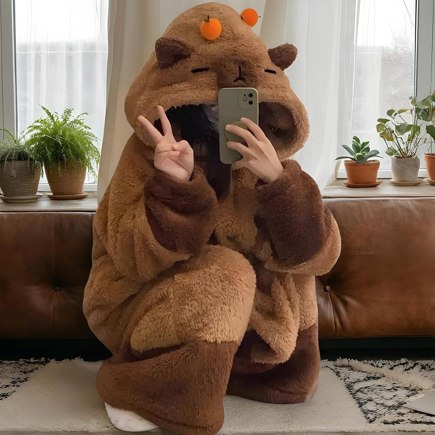 Ceylan Women’s Cozy Fleece Capybara  Hooded Pajama Set