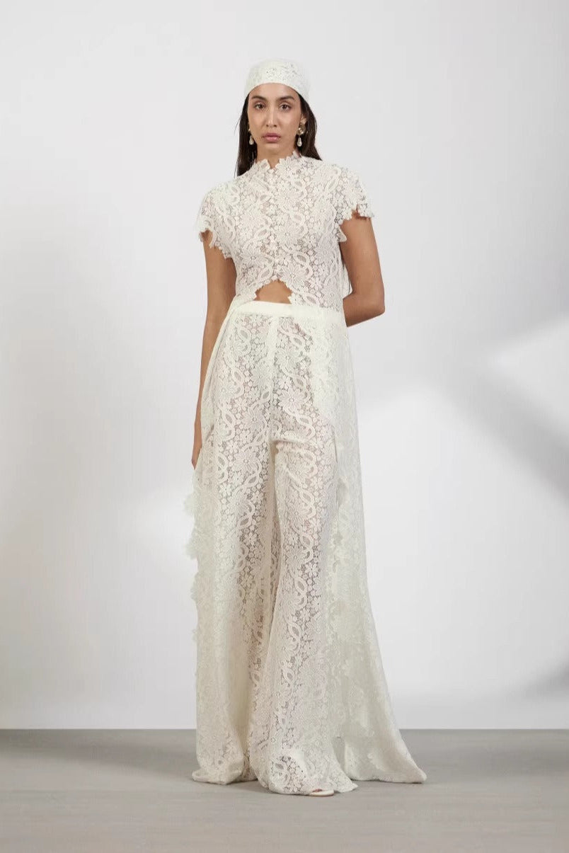 Women’s 2-Piece Set with Floral Lace Top and Wide Leg Trousers