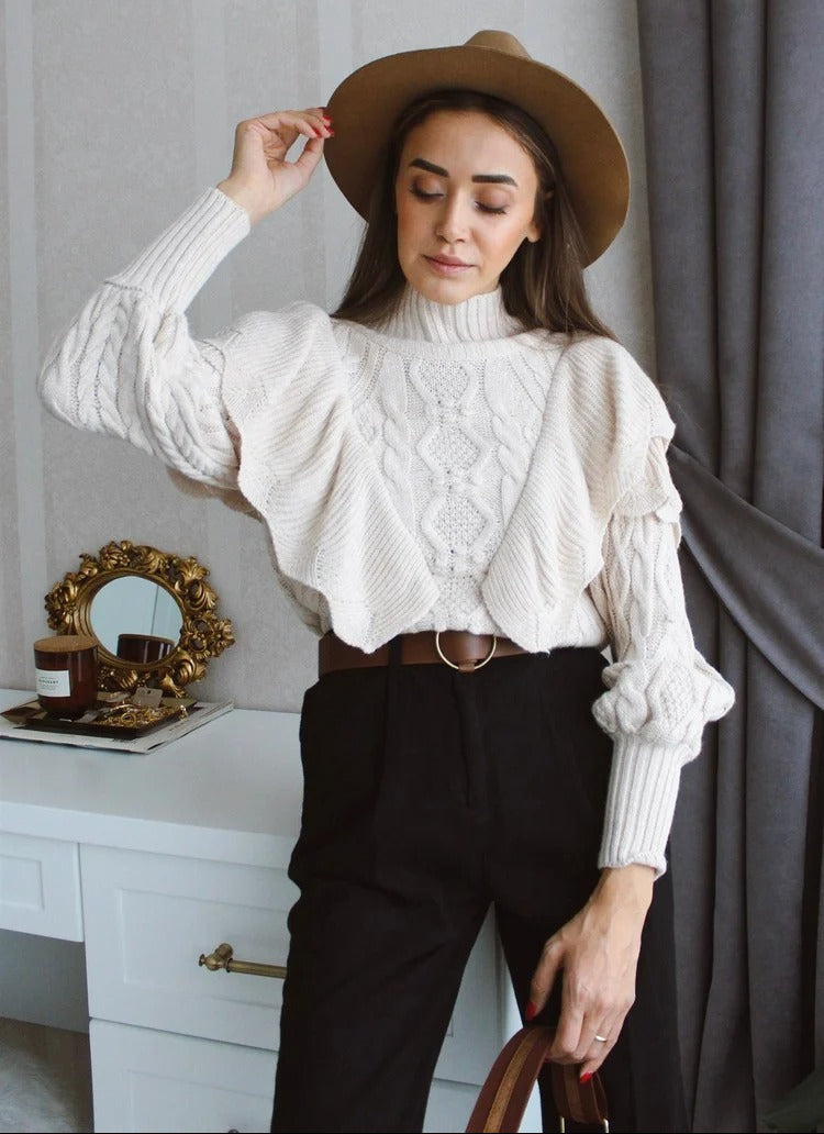 Ceylan Women’s Ruffle Cable Knit Sweater Statement Sleeve