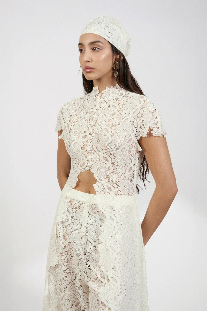 Women’s 2-Piece Set with Floral Lace Top and Wide Leg Trousers