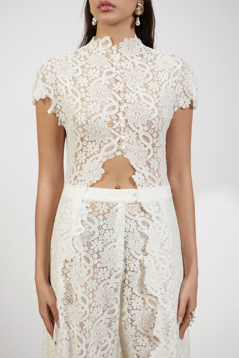 Women’s 2-Piece Set with Floral Lace Top and Wide Leg Trousers