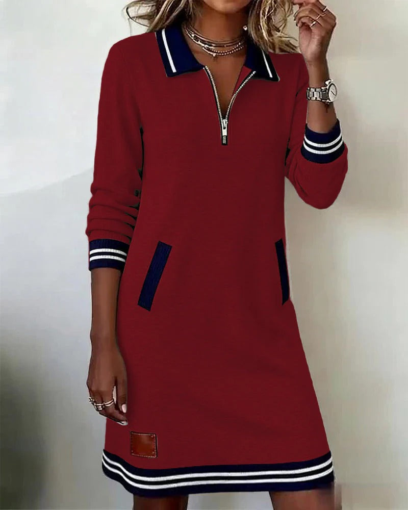 Women's Navy Polo Shift Dress Half-Zip Long Sleeve