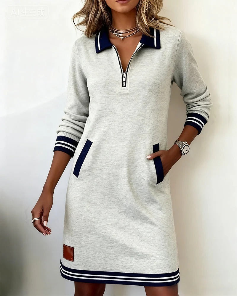 Women's Polo Collar Half-Zip Shift Dress With Striped Trim