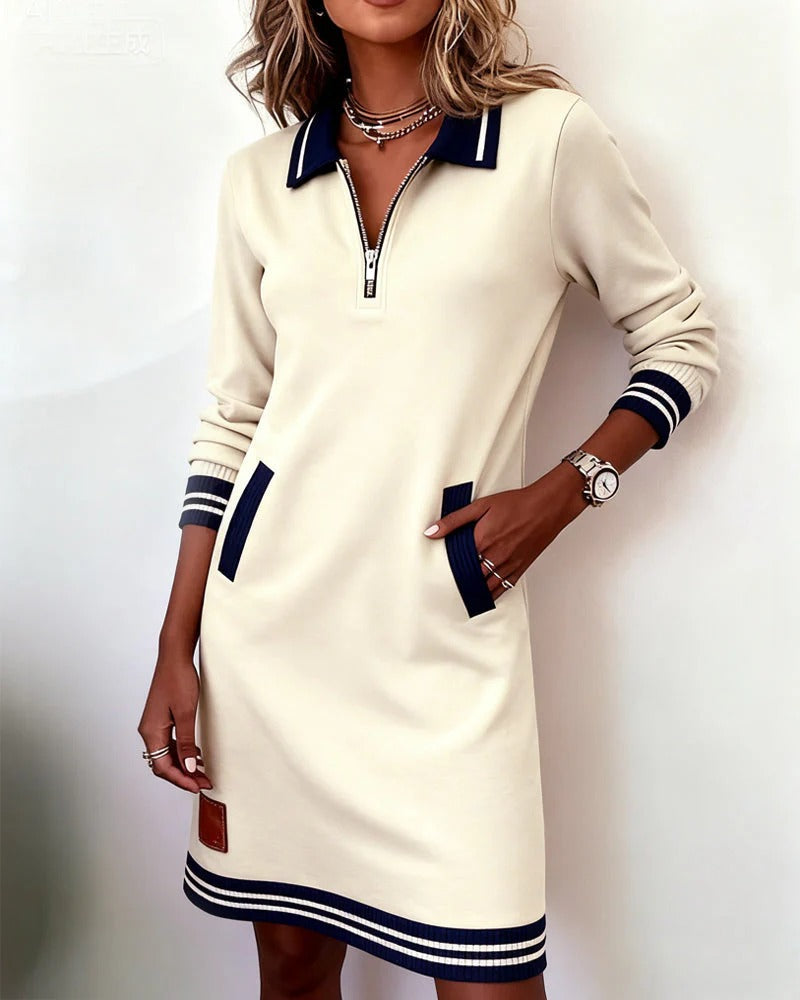 Women's Navy Polo Shift Dress Half-Zip Long Sleeve