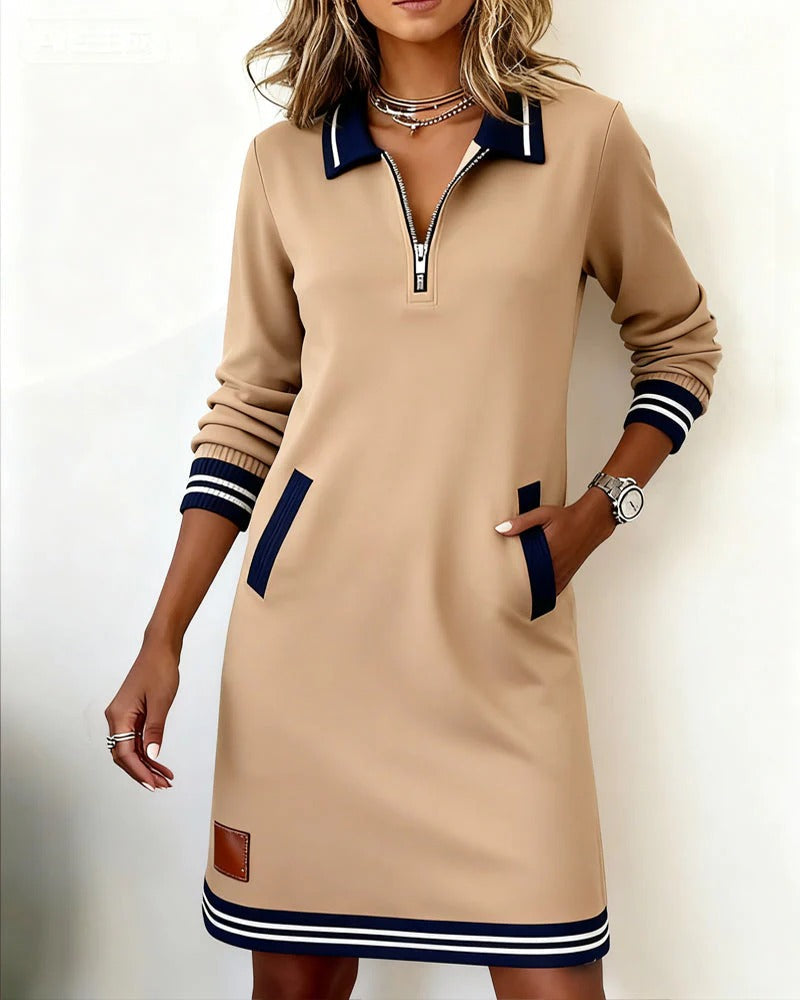 Women's Navy Polo Shift Dress Half-Zip Long Sleeve