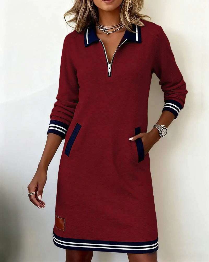 Women's Polo Collar Half-Zip Shift Dress With Striped Trim
