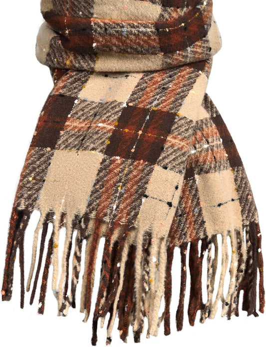 Women's Oversized Plaid Blanket Scarf with Tassel Trim