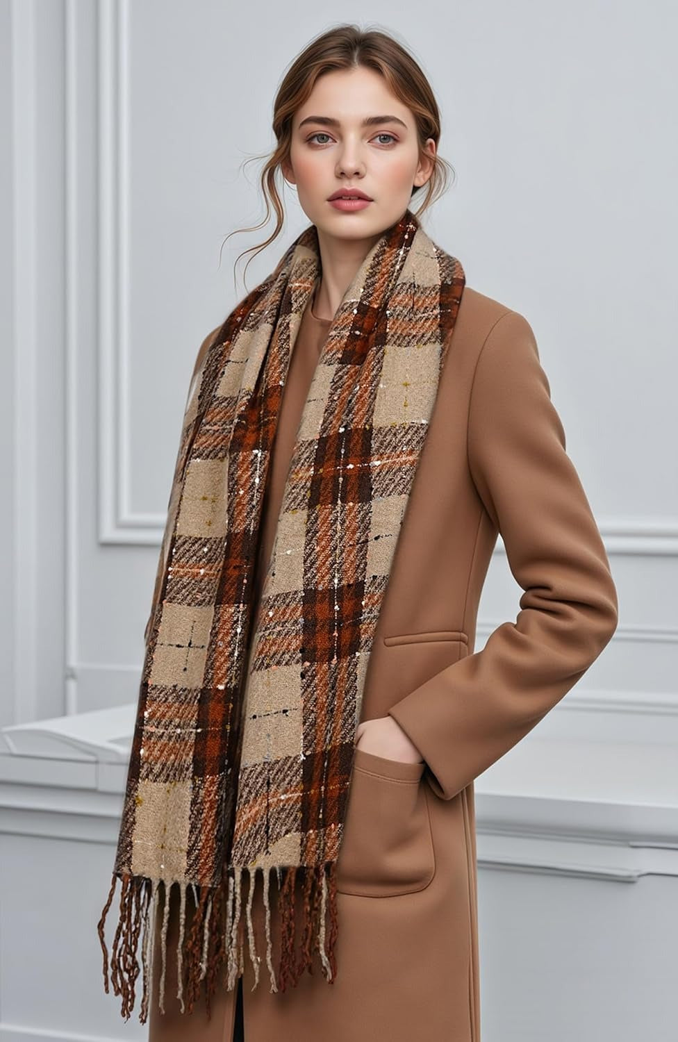 Women's Oversized Plaid Blanket Scarf with Tassel Trim