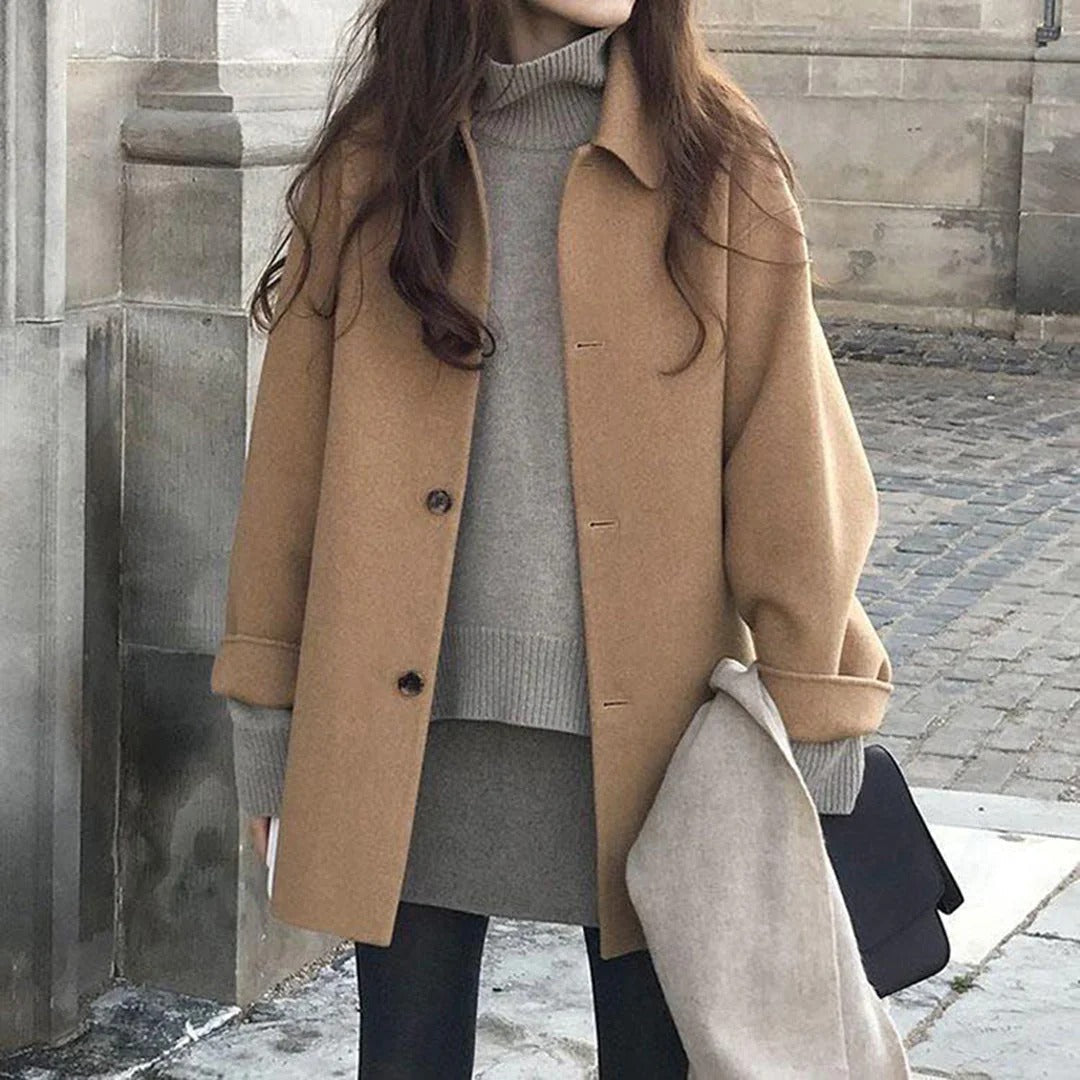 Women's Button-Front Wool Coat with Classic Collar