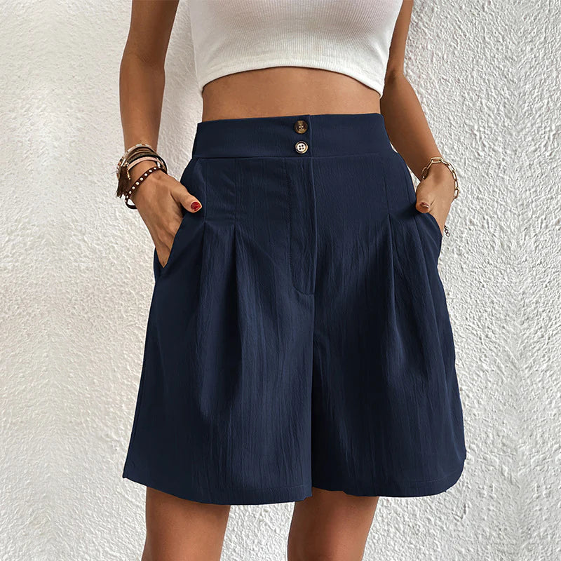 Women’s High-Waisted Pleated Shorts with Front Button Detail and Tailored Silhouette