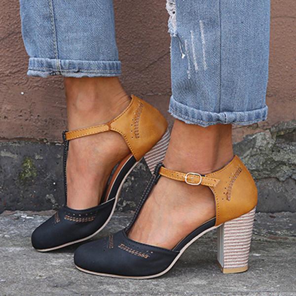 Women’s T-Strap Block Heels with Brogue Detailing and Adjustable Ankle Strap