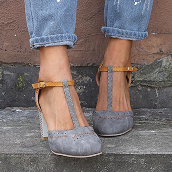 Women’s T-Strap Block Heels with Brogue Detailing and Adjustable Ankle Strap