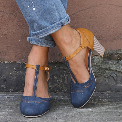 Women’s T-Strap Block Heels with Brogue Detailing and Adjustable Ankle Strap
