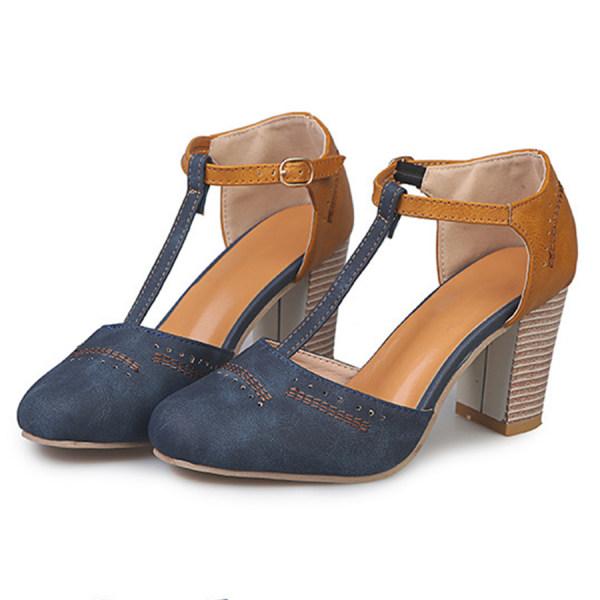 Women’s T-Strap Block Heels with Brogue Detailing and Adjustable Ankle Strap